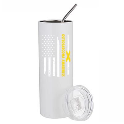 American Flag Osteosarcoma Awareness Wear Yellow Ribbon Usa Great Gift Stainless Steel Tumbler