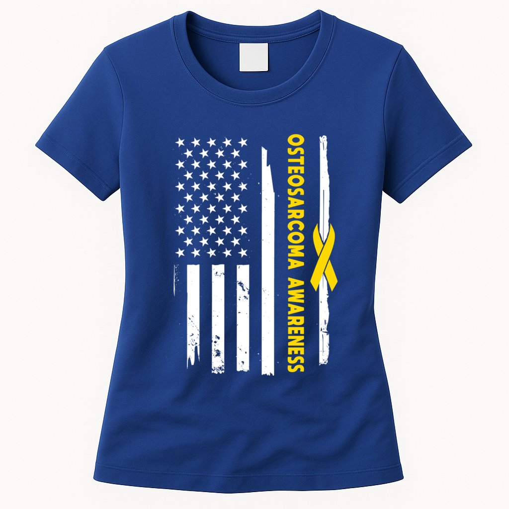 American Flag Osteosarcoma Awareness Wear Yellow Ribbon Usa Gift Womens T-Shirt
