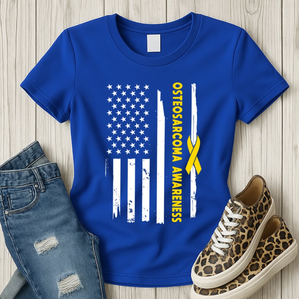 American Flag Osteosarcoma Awareness Wear Yellow Ribbon Usa Gift Womens T-Shirt