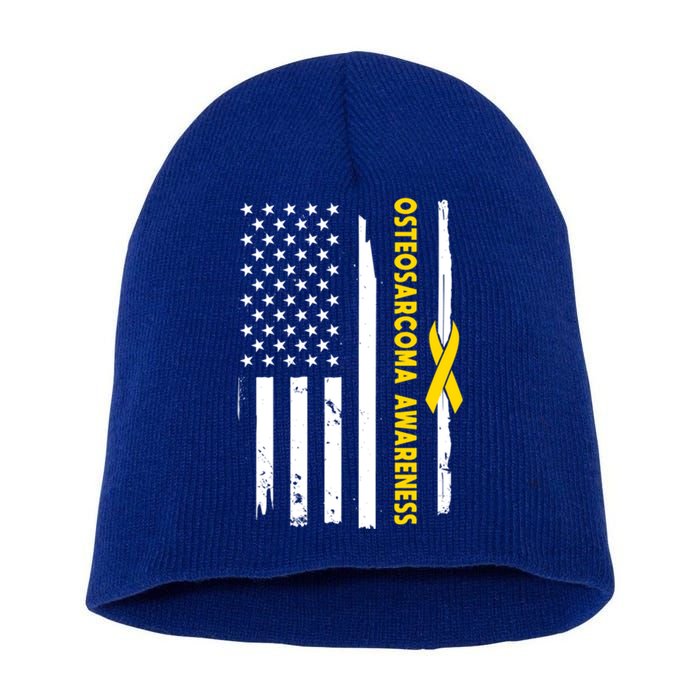 American Flag Osteosarcoma Awareness Wear Yellow Ribbon Usa Gift Short Acrylic Beanie