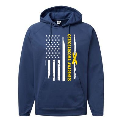 American Flag Osteosarcoma Awareness Wear Yellow Ribbon Usa Gift Performance Fleece Hoodie