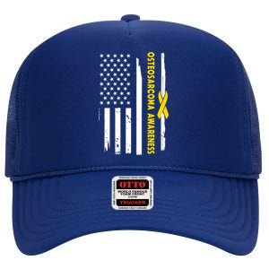 American Flag Osteosarcoma Awareness Wear Yellow Ribbon Usa Gift High Crown Mesh Back Trucker Hat