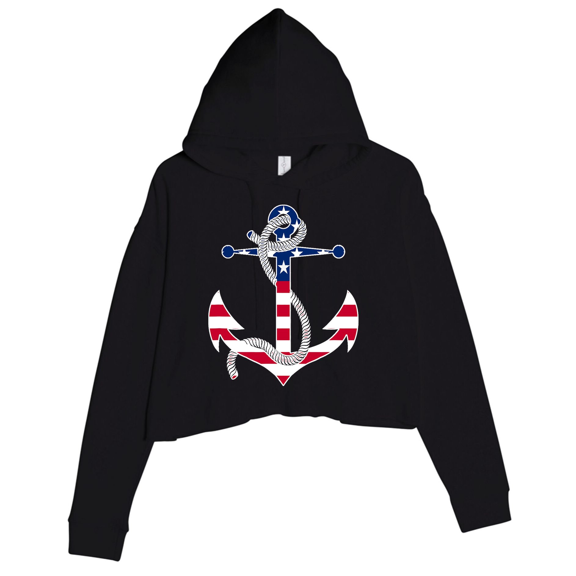 American Flag Patriotic Anchor - Memorial Day 4th Of July Crop Fleece Hoodie