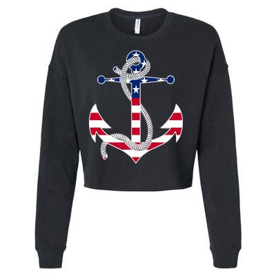 American Flag Patriotic Anchor - Memorial Day 4th Of July Cropped Pullover Crew