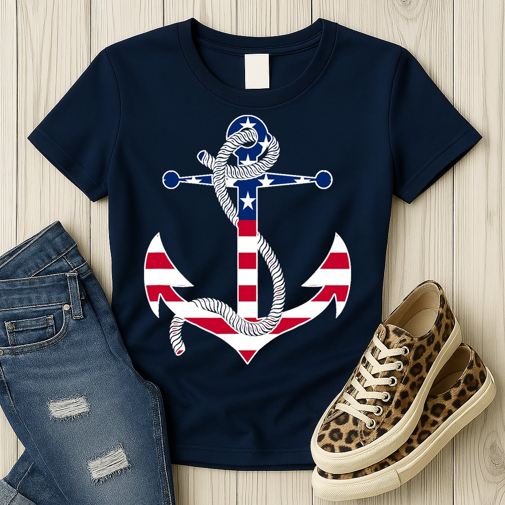 American Flag Patriotic Anchor - Memorial Day 4th Of July Womens T-Shirt