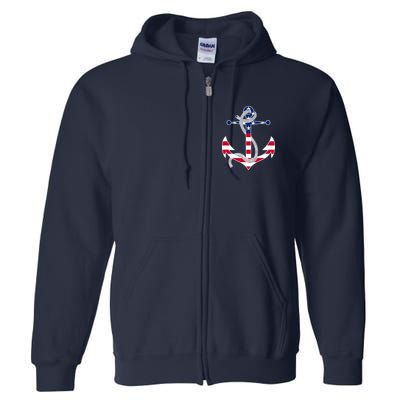 American Flag Patriotic Anchor - Memorial Day 4th Of July Full Zip Hoodie