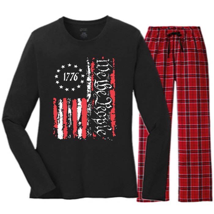 American Flag Patriotic 1776 We The People Usa Women's Long Sleeve Flannel Pajama Set 