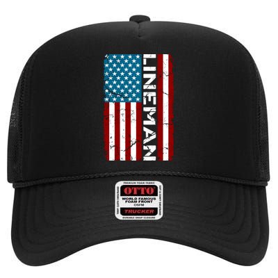 American Flag Patriotic Electric Cable Lineman High Crown Mesh Back Trucker Hat