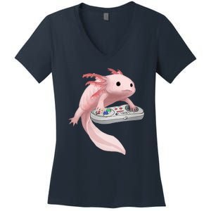 Axolotl Fish Playing Video Game Axolotl Lizard Gamers Women's V-Neck T-Shirt