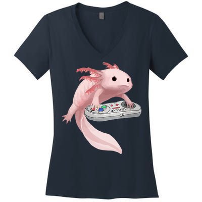 Axolotl Fish Playing Video Game Axolotl Lizard Gamers Women's V-Neck T-Shirt