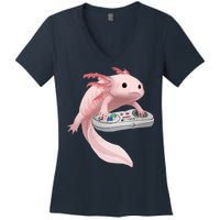 Axolotl Fish Playing Video Game Axolotl Lizard Gamers Women's V-Neck T-Shirt