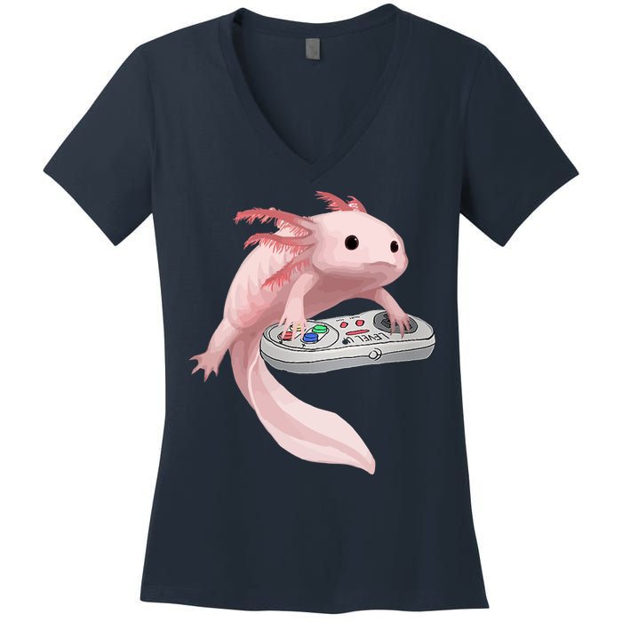 Axolotl Fish Playing Video Game Axolotl Lizard Gamers Women's V-Neck T-Shirt