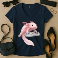 Axolotl Fish Playing Video Game Axolotl Lizard Gamers Women's V-Neck T-Shirt