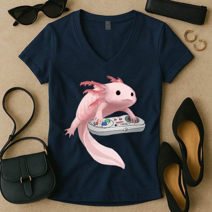 Axolotl Fish Playing Video Game Axolotl Lizard Gamers Women's V-Neck T-Shirt