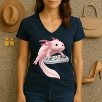 Axolotl Fish Playing Video Game Axolotl Lizard Gamers Women's V-Neck T-Shirt