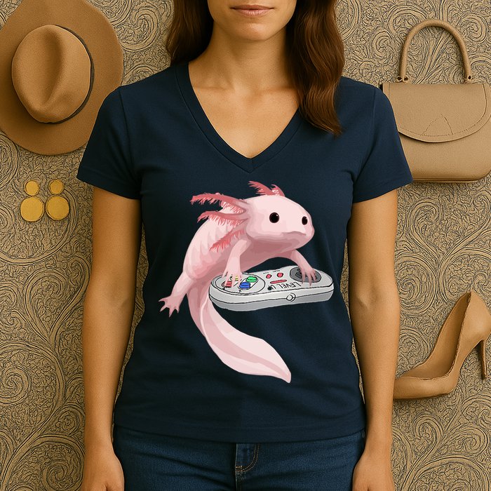 Axolotl Fish Playing Video Game Axolotl Lizard Gamers Women's V-Neck T-Shirt