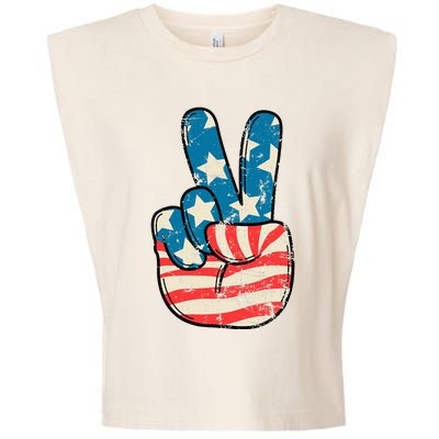 American Flag Peace Sign Hand 4th Of July Patriotic Garment-Dyed Women's Muscle Tee