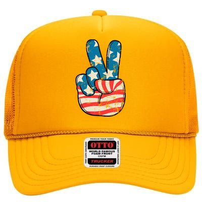 American Flag Peace Sign Hand 4th Of July Patriotic High Crown Mesh Back Trucker Hat