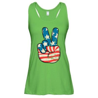 American Flag Peace Sign Hand 4th Of July Patriotic Ladies Essential Flowy Tank