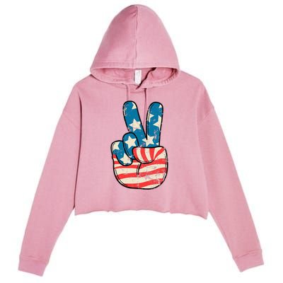 American Flag Peace Sign Hand 4th Of July Patriotic Crop Fleece Hoodie