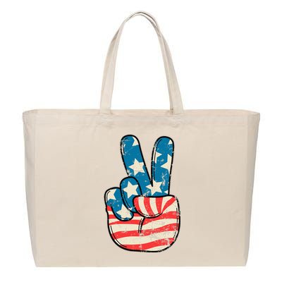 American Flag Peace Sign Hand 4th Of July Patriotic Cotton Canvas Jumbo Tote