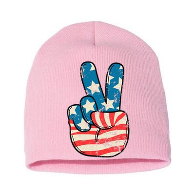 American Flag Peace Sign Hand 4th Of July Patriotic Short Acrylic Beanie