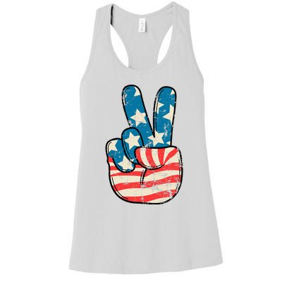 American Flag Peace Sign Hand 4th Of July Patriotic Women's Racerback Tank