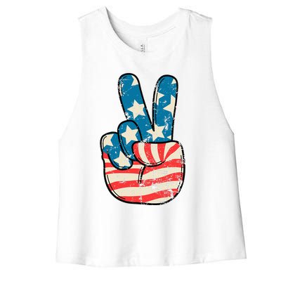 American Flag Peace Sign Hand 4th Of July Patriotic Women's Racerback Cropped Tank