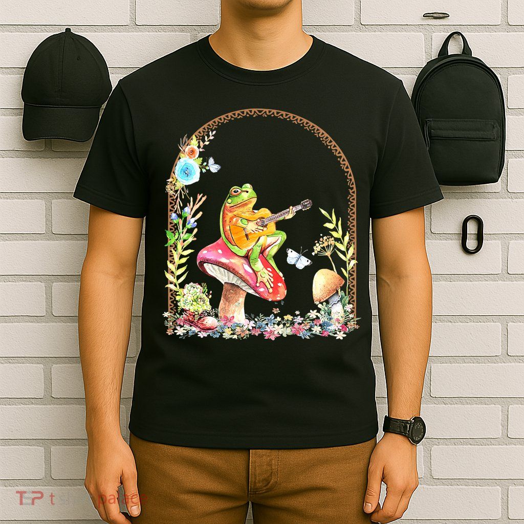 Aesthetic Frog Playing Guitar Mushroom Goblincore T-Shirt