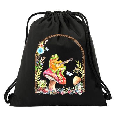 Aesthetic Frog Playing Guitar Mushroom Goblincore Drawstring Bag