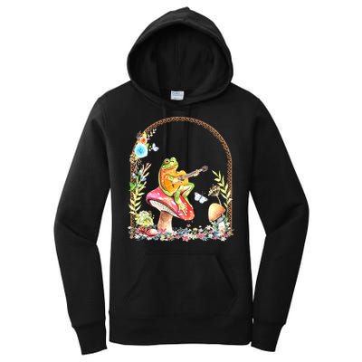 Aesthetic Frog Playing Guitar Mushroom Goblincore Women's Pullover Hoodie