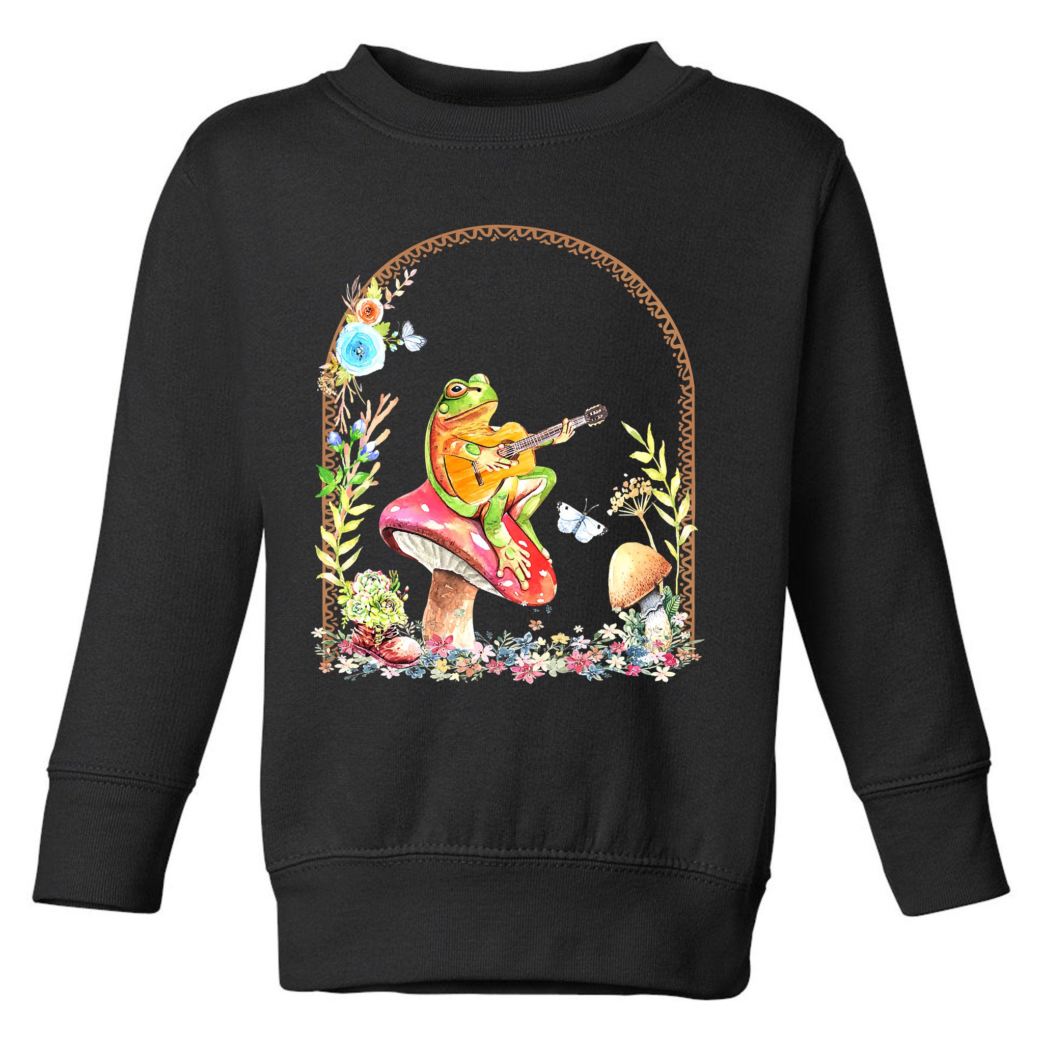 Aesthetic Frog Playing Guitar Mushroom Goblincore Toddler Sweatshirt
