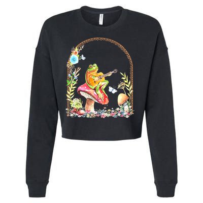 Aesthetic Frog Playing Guitar Mushroom Goblincore Cropped Pullover Crew