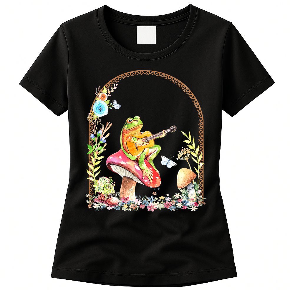 Aesthetic Frog Playing Guitar Mushroom Goblincore Womens T-Shirt