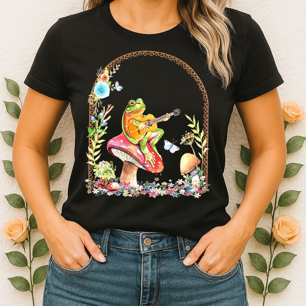 Aesthetic Frog Playing Guitar Mushroom Goblincore Womens T-Shirt