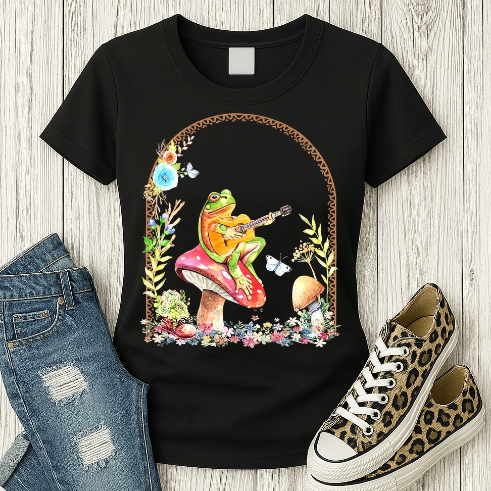 Aesthetic Frog Playing Guitar Mushroom Goblincore Womens T-Shirt