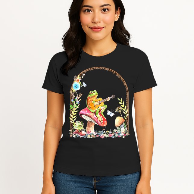 Aesthetic Frog Playing Guitar Mushroom Goblincore Womens T-Shirt