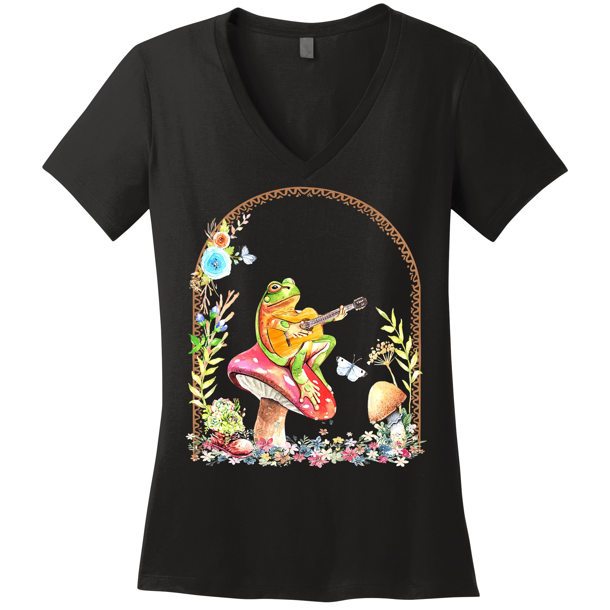 Aesthetic Frog Playing Guitar Mushroom Goblincore Women's V-Neck T-Shirt