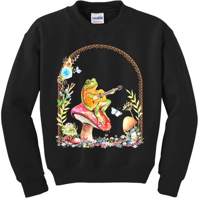Aesthetic Frog Playing Guitar Mushroom Goblincore Kids Sweatshirt