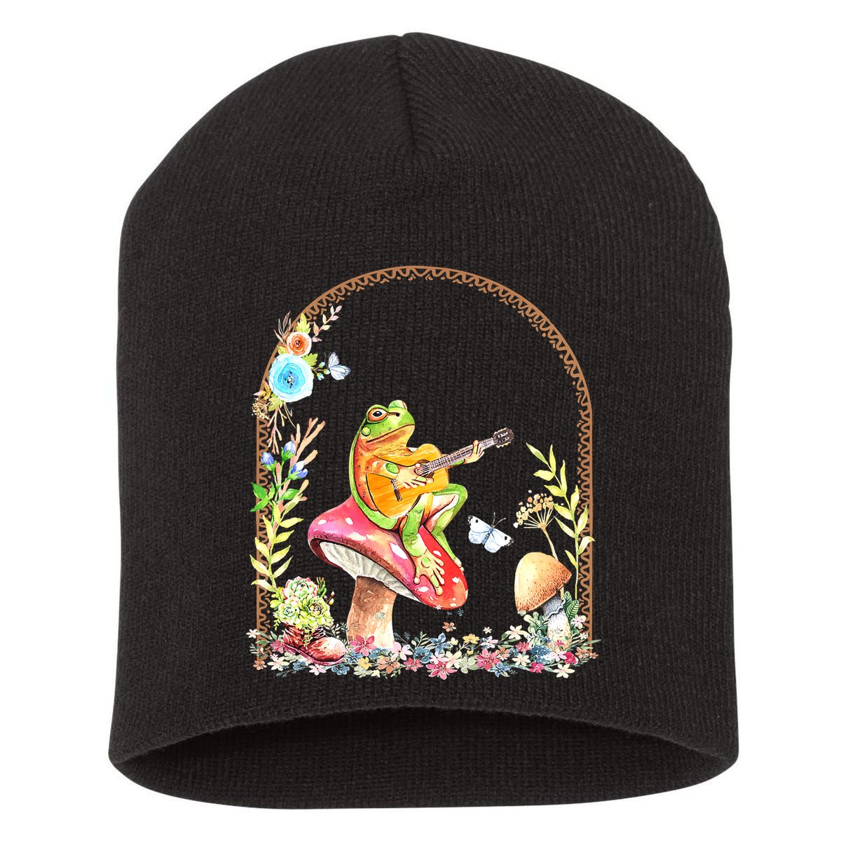 Aesthetic Frog Playing Guitar Mushroom Goblincore Short Acrylic Beanie