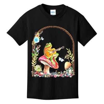 Aesthetic Frog Playing Guitar Mushroom Goblincore Kids T-Shirt