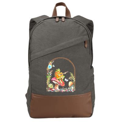 Aesthetic Frog Playing Guitar Mushroom Goblincore Cotton Canvas Backpack