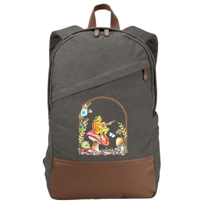 Aesthetic Frog Playing Guitar Mushroom Goblincore Cotton Canvas Backpack