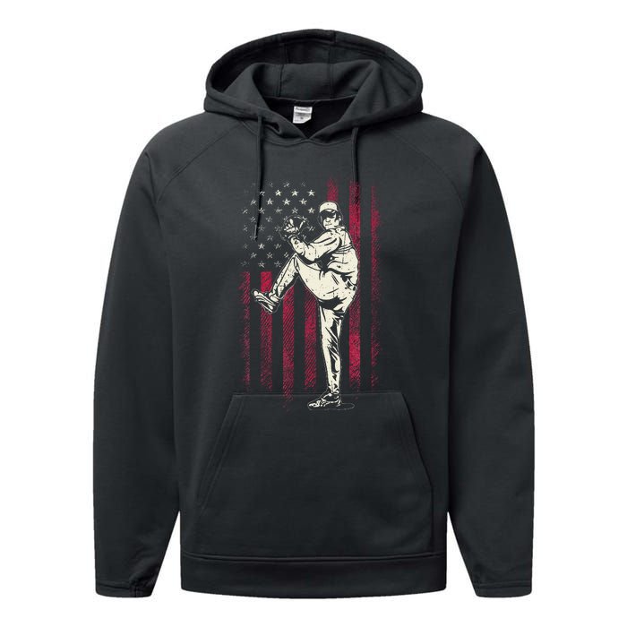 American Flag Pitcher Baseball Apparel Baseball Performance Fleece Hoodie