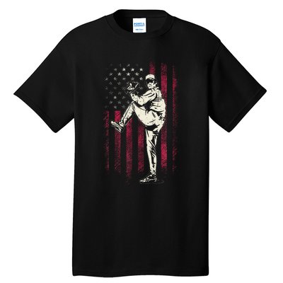 American Flag Pitcher Baseball Apparel Baseball Tall T-Shirt