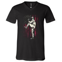 American Flag Pitcher Baseball Apparel Baseball V-Neck T-Shirt