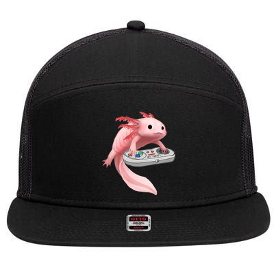 Axolotl Fish Playing Video Game White-Axolotl Lizard Gamers 7 Panel Mesh Trucker Snapback Hat