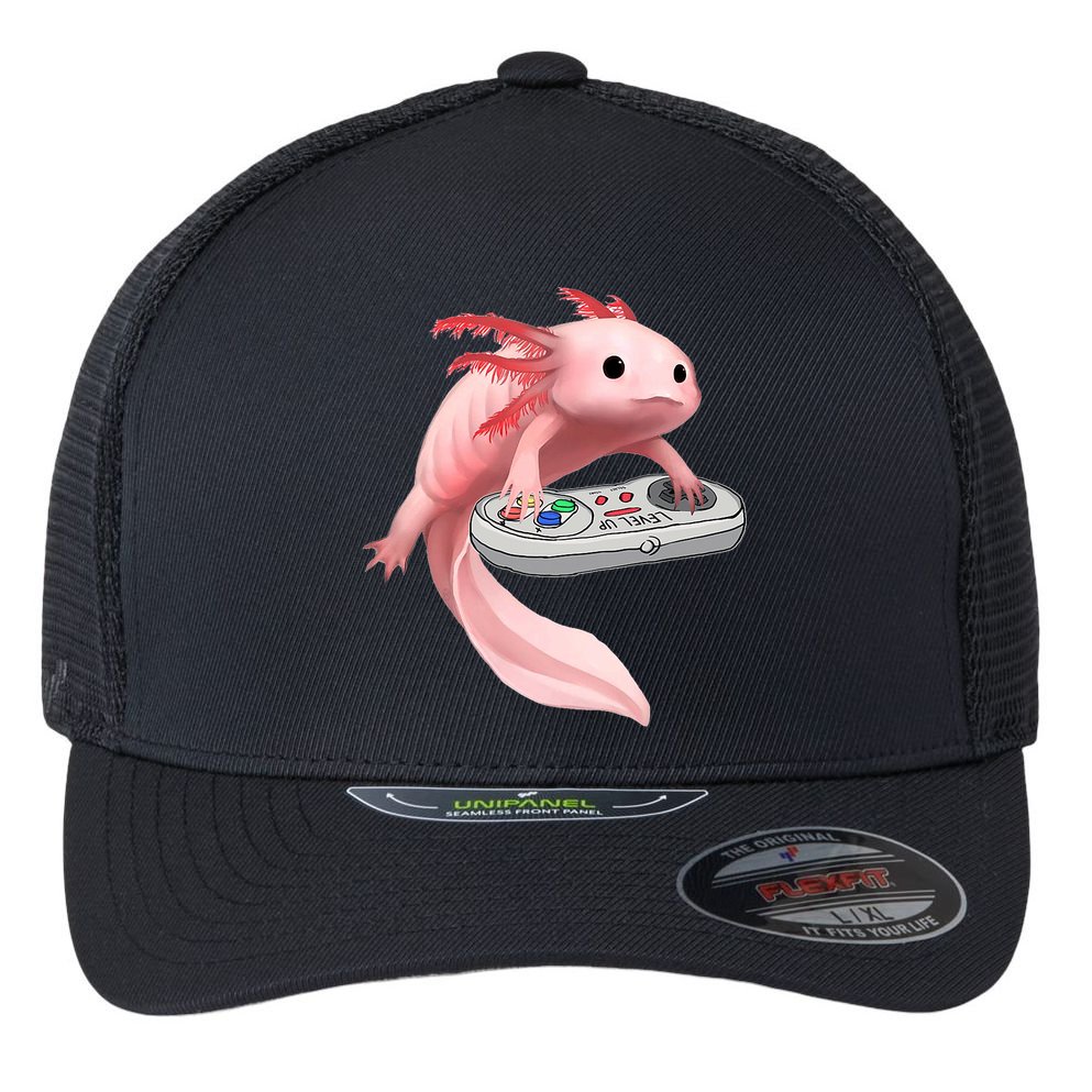 Axolotl Fish Playing Video Game White-Axolotl Lizard Gamers Flexfit Unipanel Trucker Cap