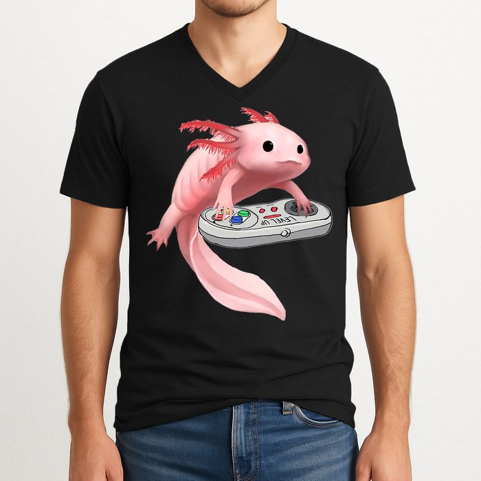Axolotl Fish Playing Video Game White-Axolotl Lizard Gamers V-Neck T-Shirt