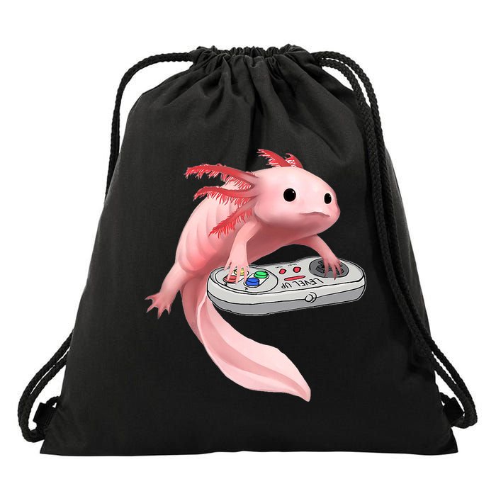 Axolotl Fish Playing Video Game White-Axolotl Lizard Gamers Drawstring Bag